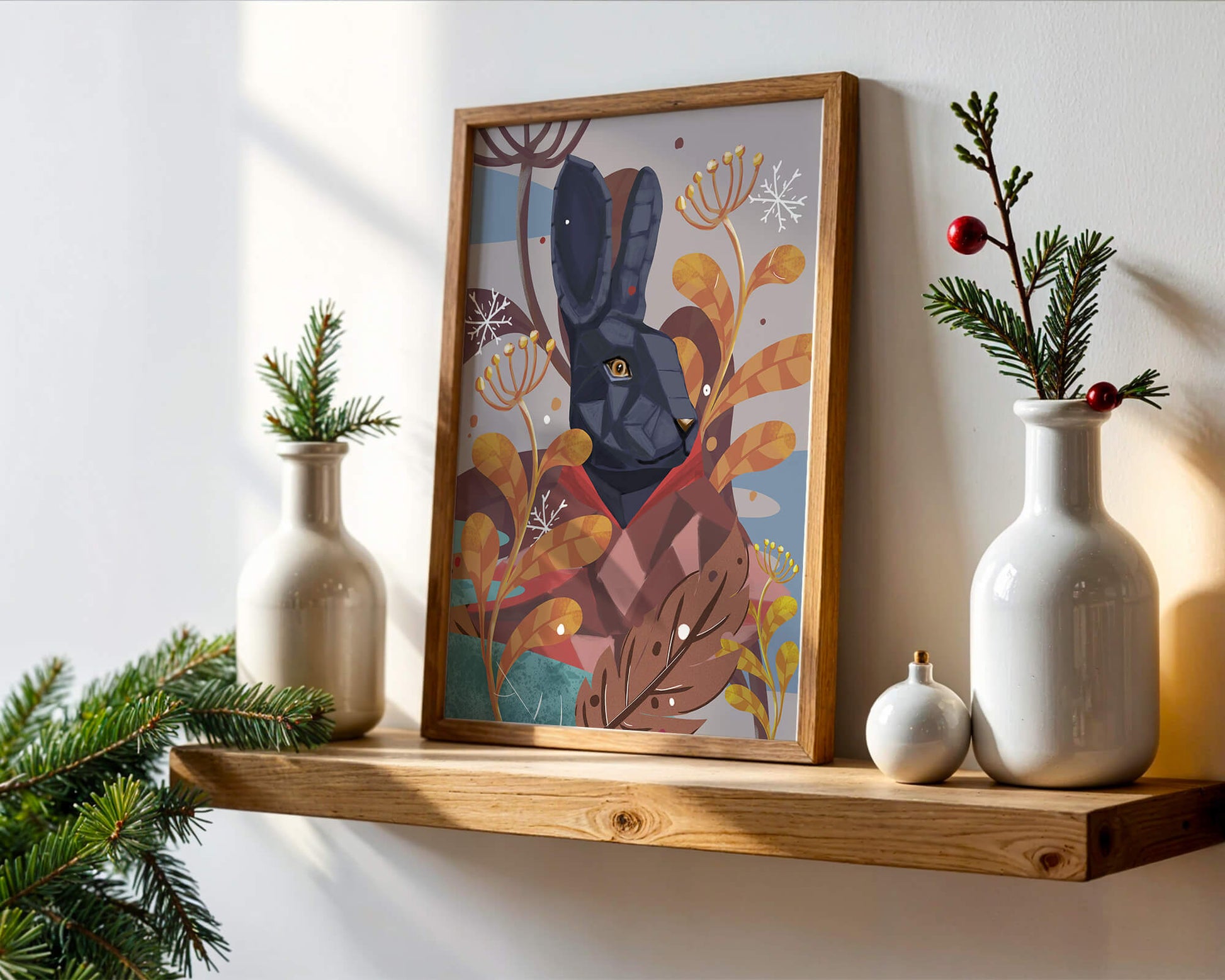 Abstract geometric rabbit in a vibrant autumn floral setting
