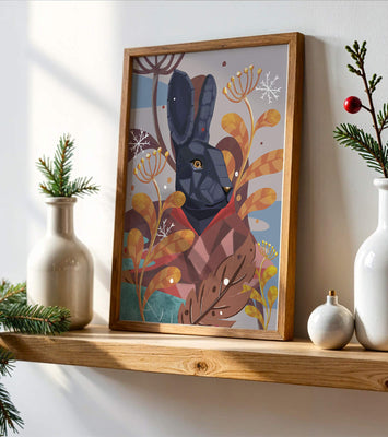 Abstract geometric rabbit in a vibrant autumn floral setting