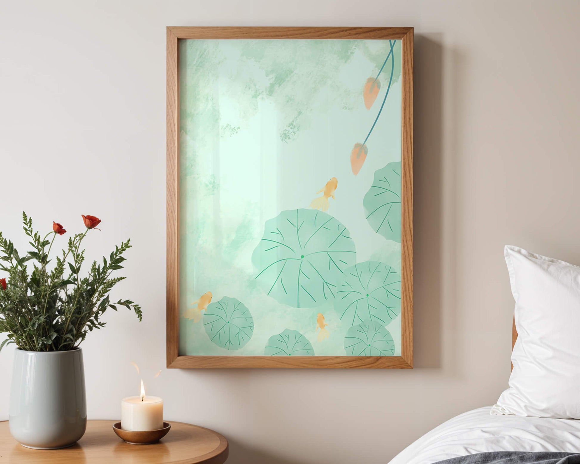 Serene Pond Scene with Goldfish and Lotus Leaves