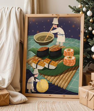 Ilustración juguetona de chefs preparando sushi en un paisaje imaginario
