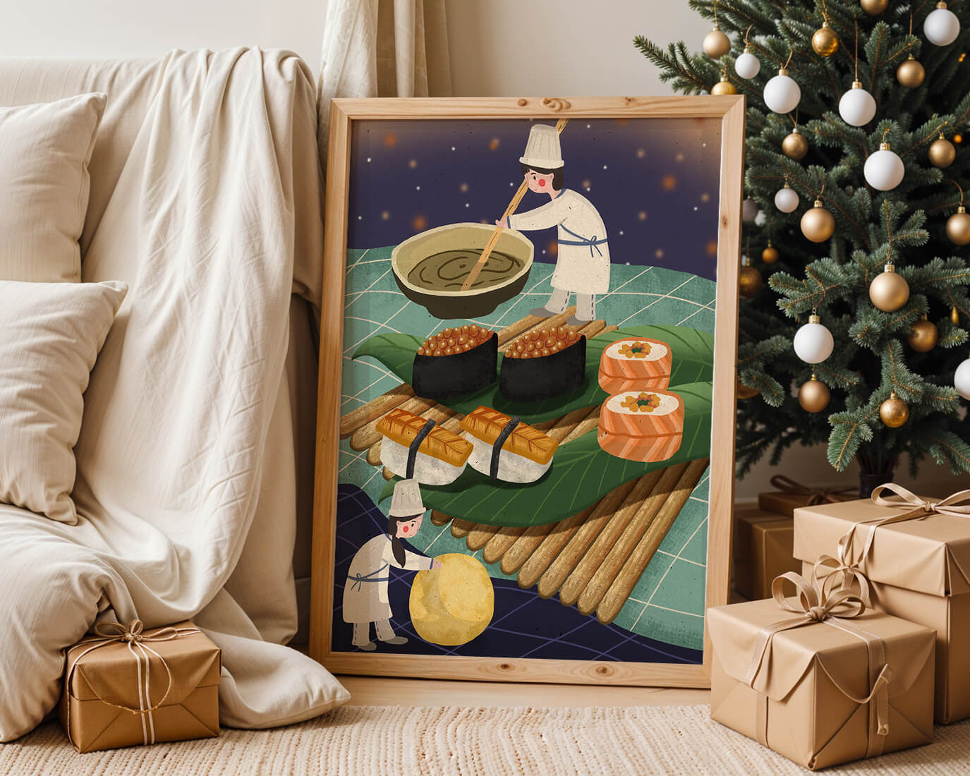 Ilustración juguetona de chefs preparando sushi en un paisaje imaginario