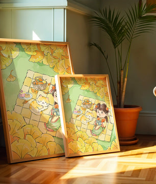 Charming autumn picnic scene with girl and cat surrounded by ginkgo leaves