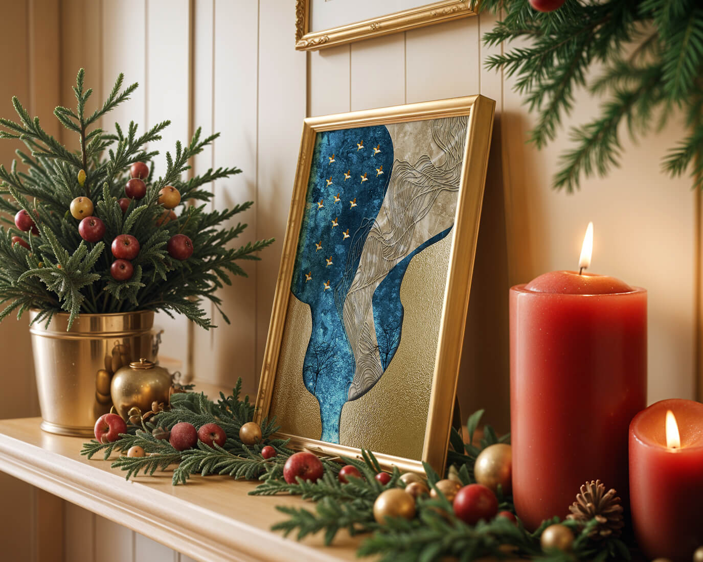 Abstract Textured Landscape with Gold and Blue Elements
