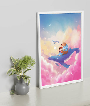 Fantasy illustration of girl and bear riding a whale through colorful clouds