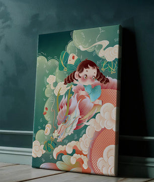 Whimsical scene of a girl riding a dragon through clouds