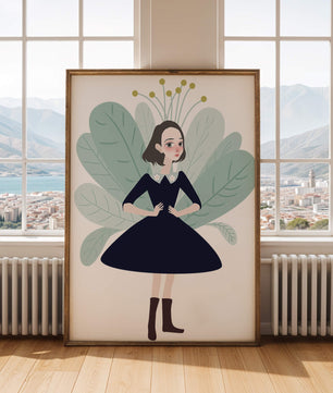 Ilustración de una chica caprichosa con hojas y elementos florales