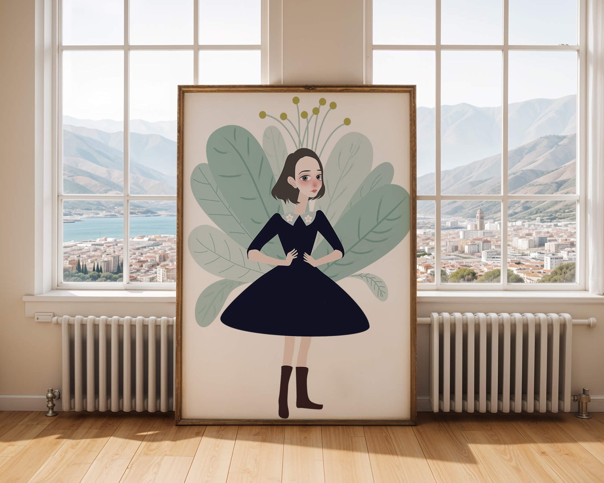 Illustration of a whimsical girl with leaves and floral elements