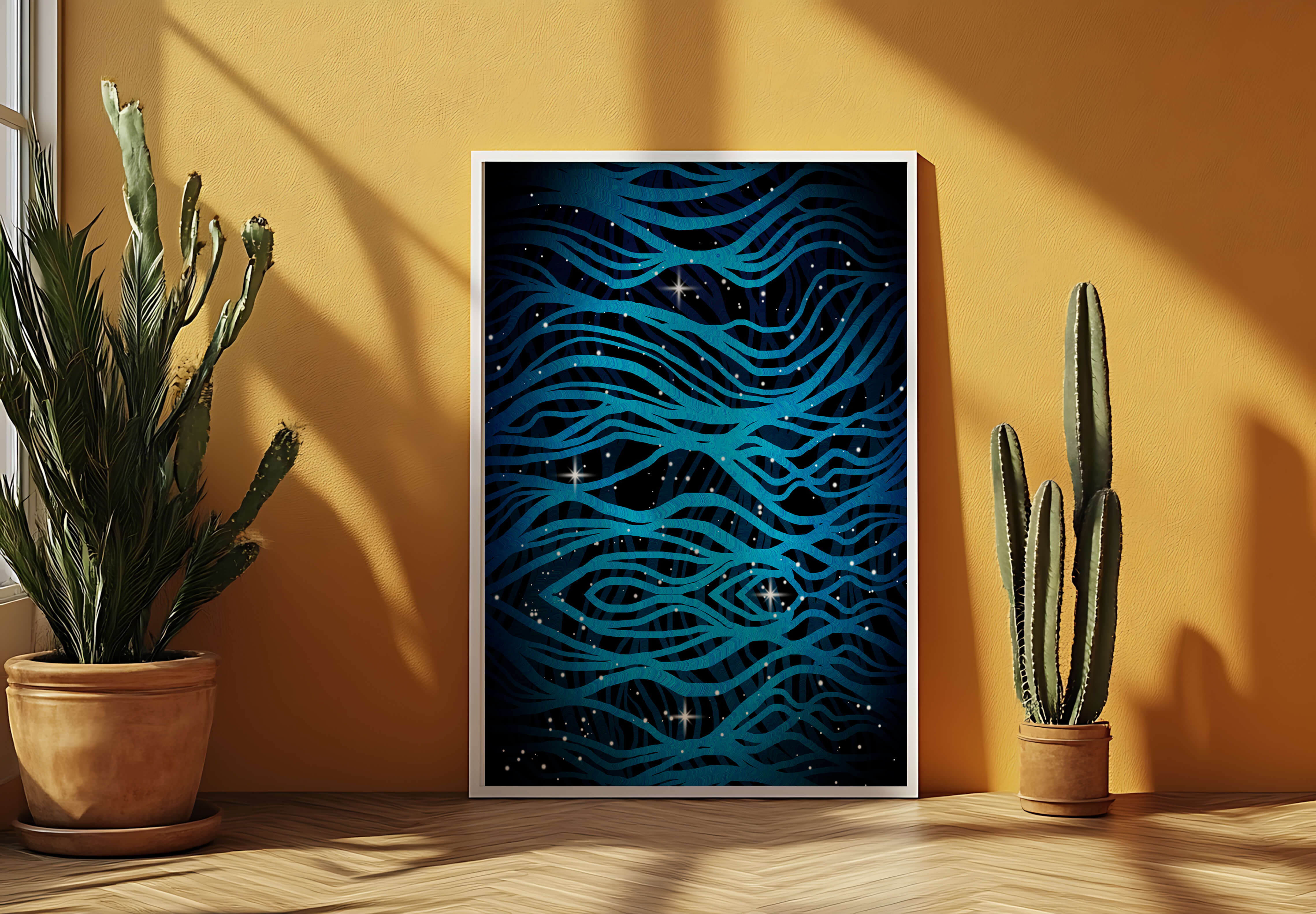 Abstract blue wave lines with starry night background