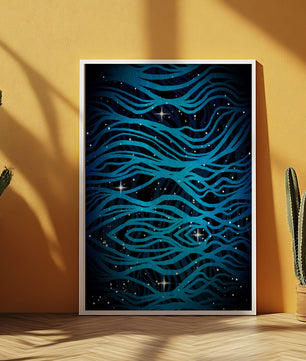 Abstract blue wave lines with starry night background