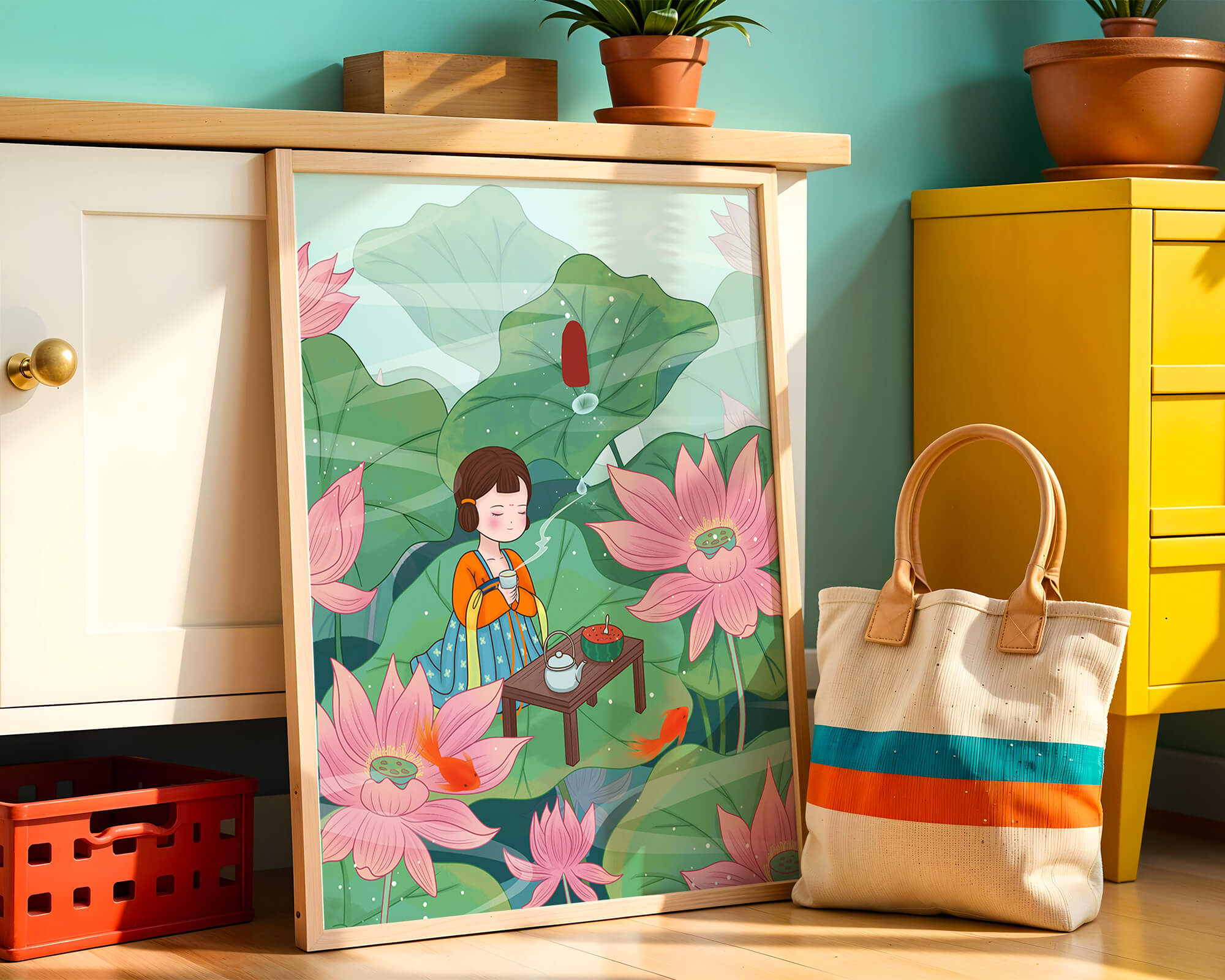 Serene illustration of a girl enjoying tea among lotus flowers