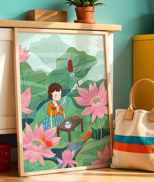 Serene illustration of a girl enjoying tea among lotus flowers