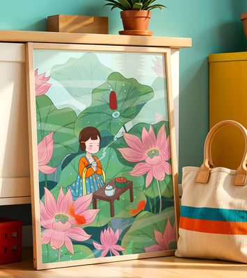 Serene illustration of a girl enjoying tea among lotus flowers