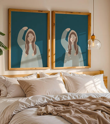 Illustrated girl with hoodie on teal background