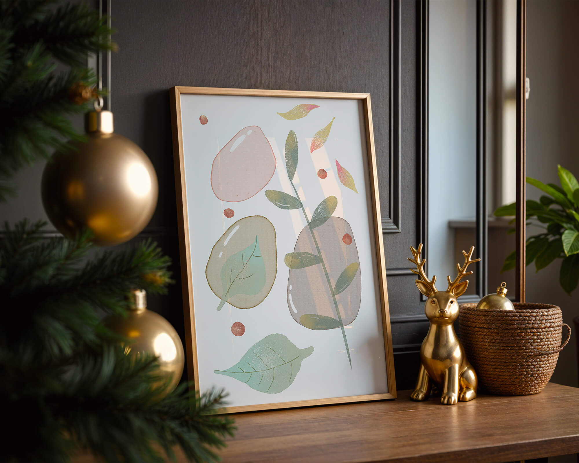 Abstract botanical illustration with pastel colored leaves and shapes