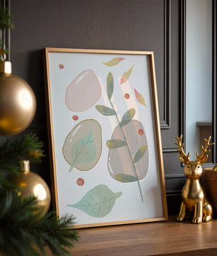 Abstract botanical illustration with pastel colored leaves and shapes
