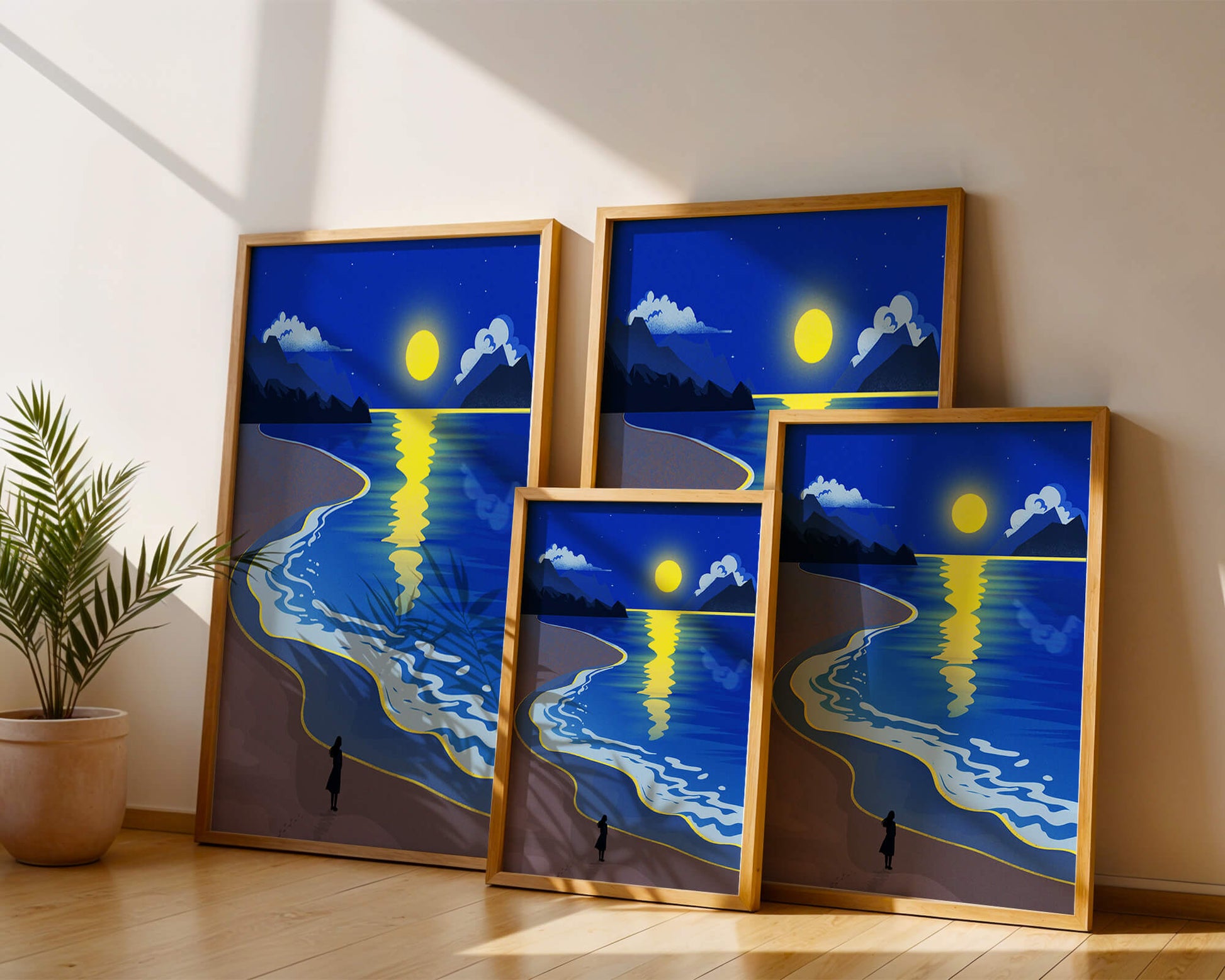 Moonlit Beach with Mountains and Reflections Under Night Sky