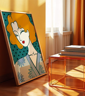 Stylized portrait of a woman with orange hair and floral kimono