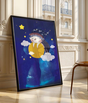 Scène nocturne onirique avec un enfant étreignant la lune
