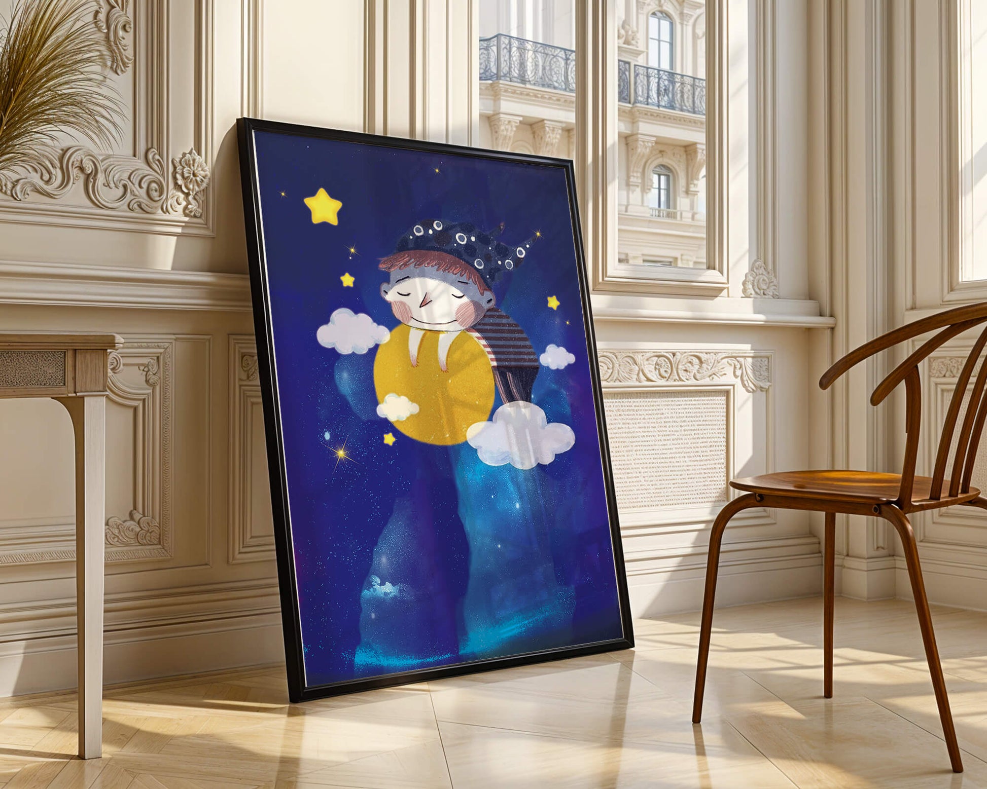 Dreamy Nighttime Scene with a Child Hugging the Moon