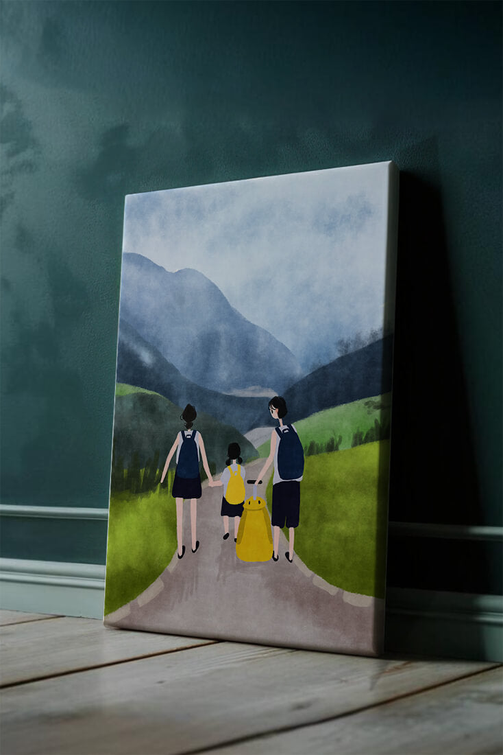 Family hiking in scenic mountain landscape with backpacks