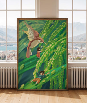 Aventure dans une jungle verdoyante avec des enfants et un oiseau