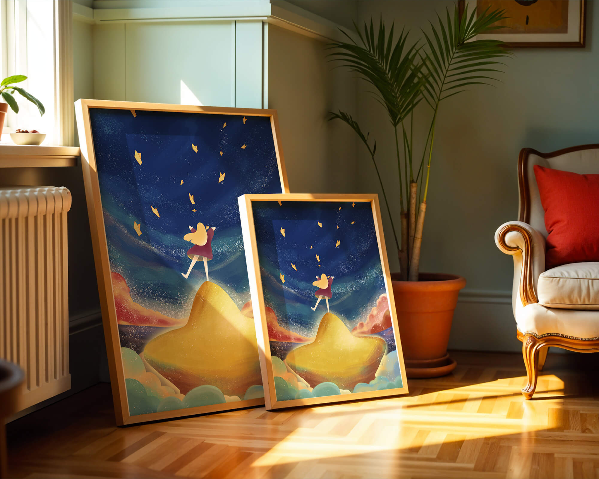 Girl standing on a golden hill reaching for stars in a dreamy night sky