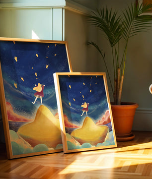 Girl standing on a golden hill reaching for stars in a dreamy night sky