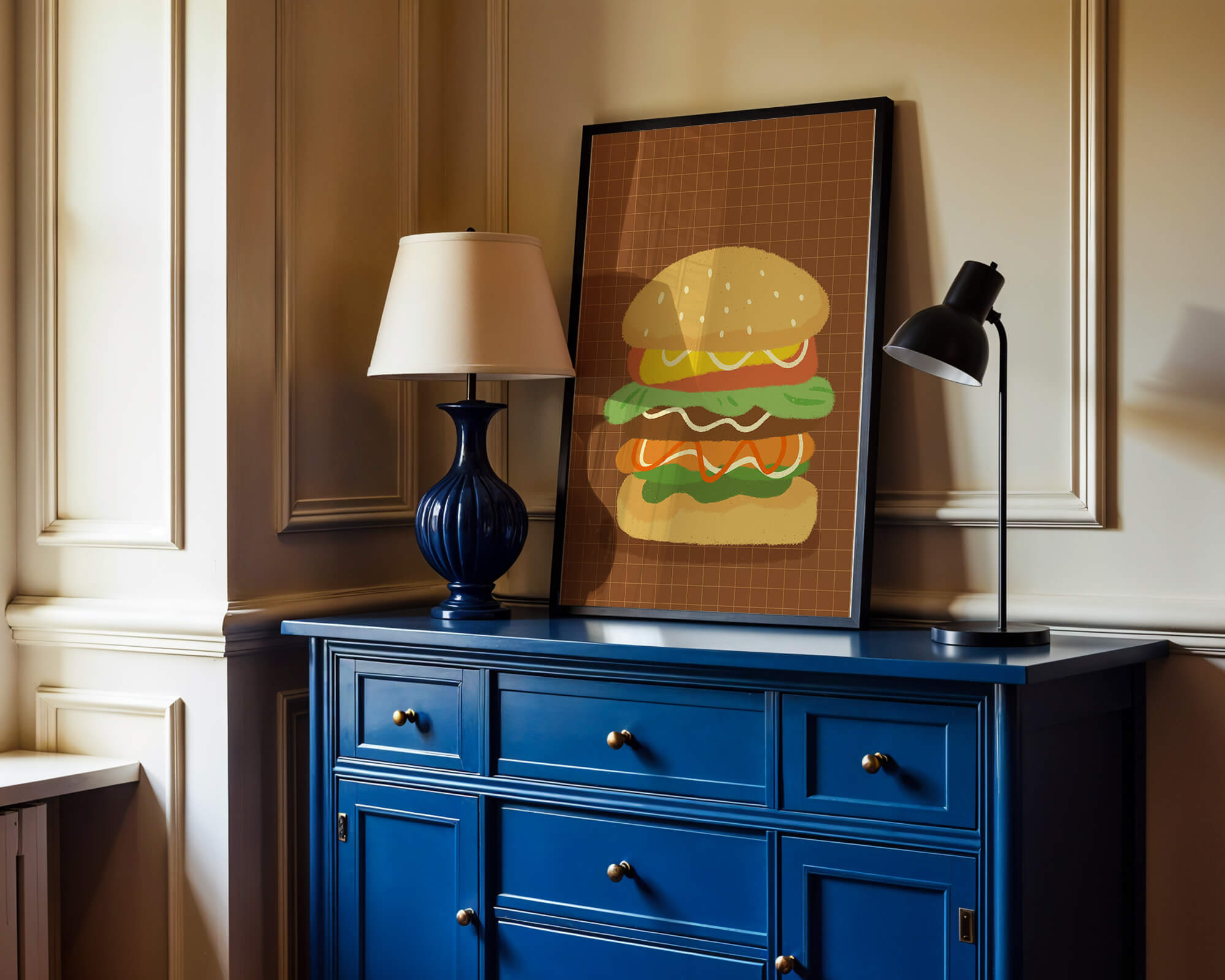 Illustrated cheeseburger with colorful layers on a grid background