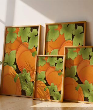 Colorful Pumpkin Pattern With Green Leaves