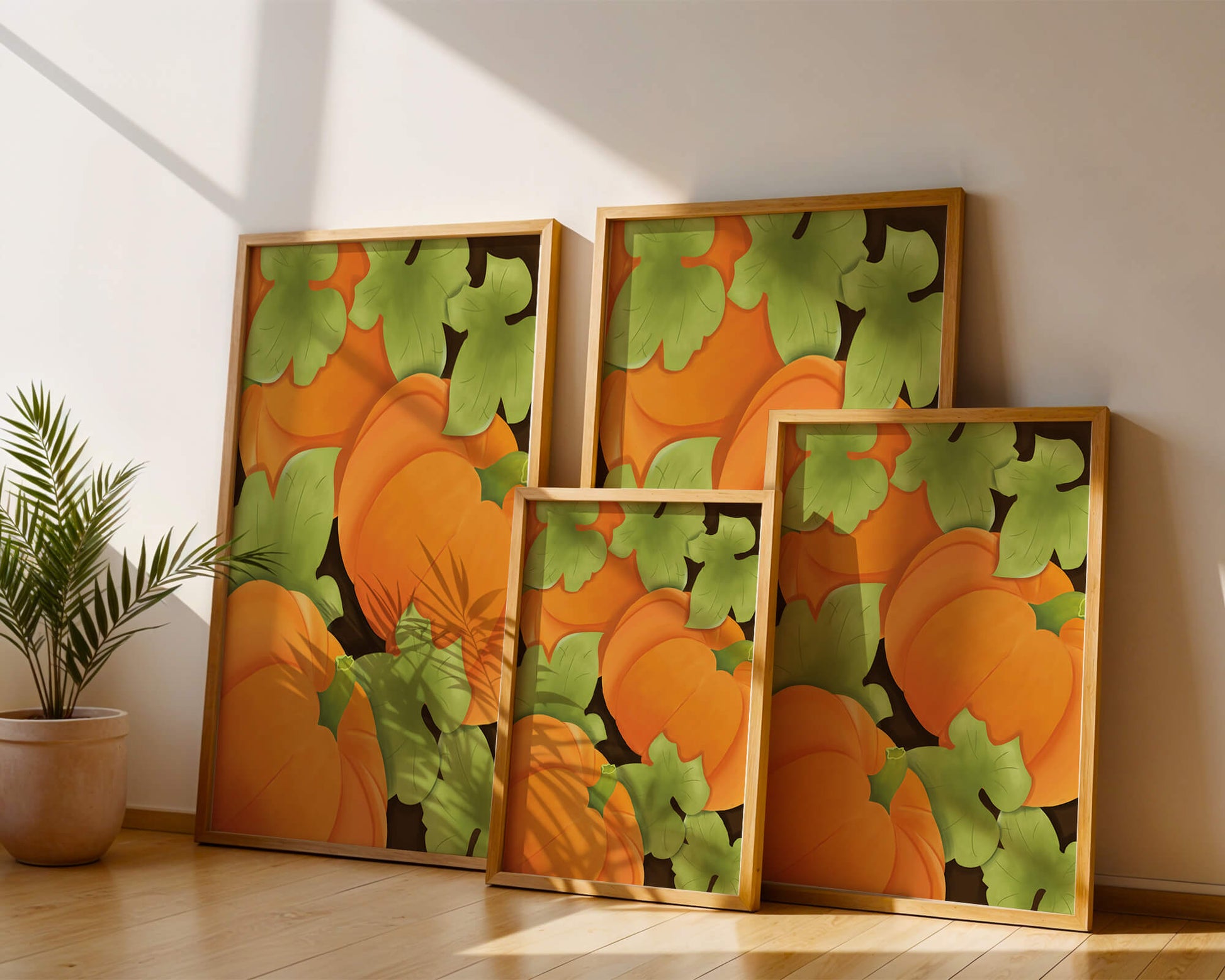 Colorful Pumpkin Pattern With Green Leaves