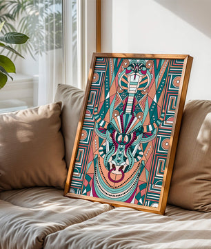Patrón geométrico de animales con toro y cobra en colores vibrantes