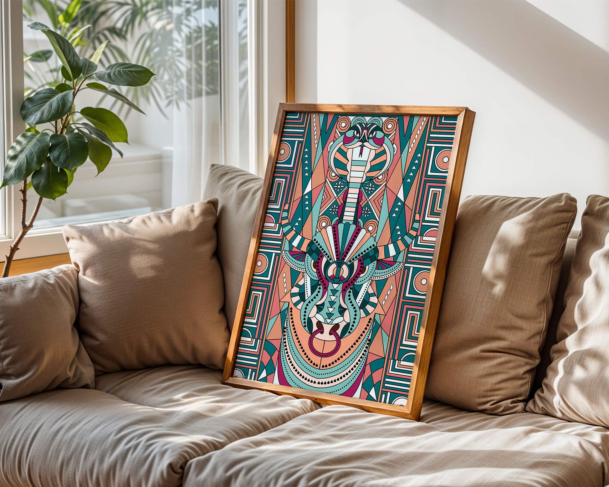 Patrón geométrico de animales con toro y cobra en colores vibrantes