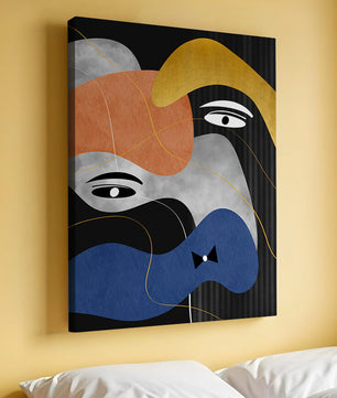 Abstract geometric art with bold colors and gold accents