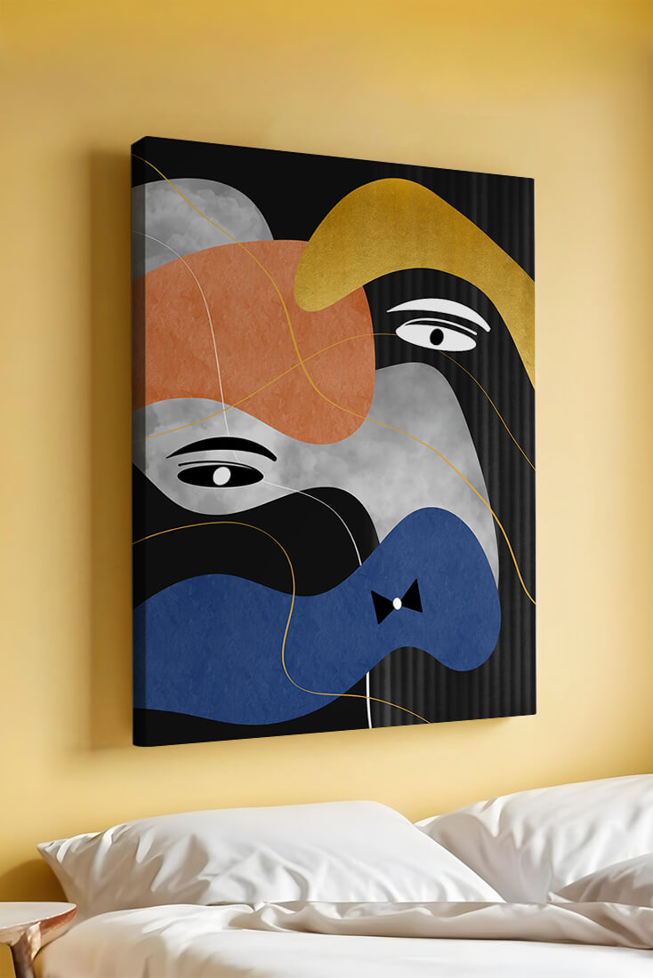 Abstract geometric art with bold colors and gold accents