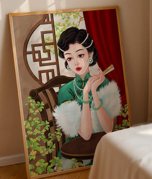 Elegant Woman in Traditional Asian Attire with Floral Background