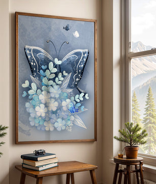 Floral and butterfly digital artwork in calming blue shades