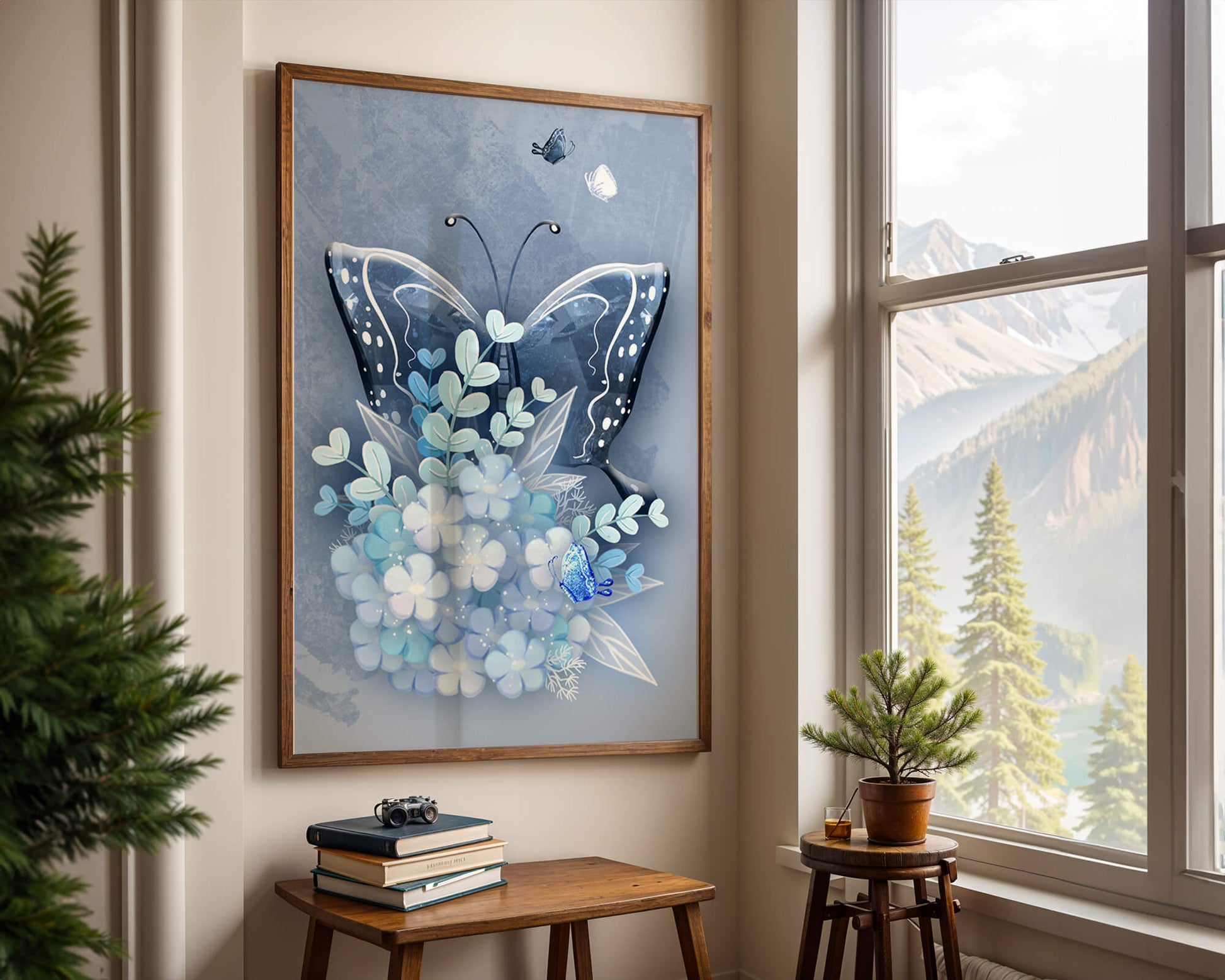 Floral and butterfly digital artwork in calming blue shades