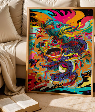 Arte abstracto de peces coloridos con elementos vibrantes