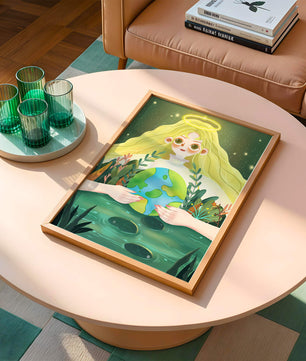 Illustration de la nature paisible avec une figure céleste tenant la Terre