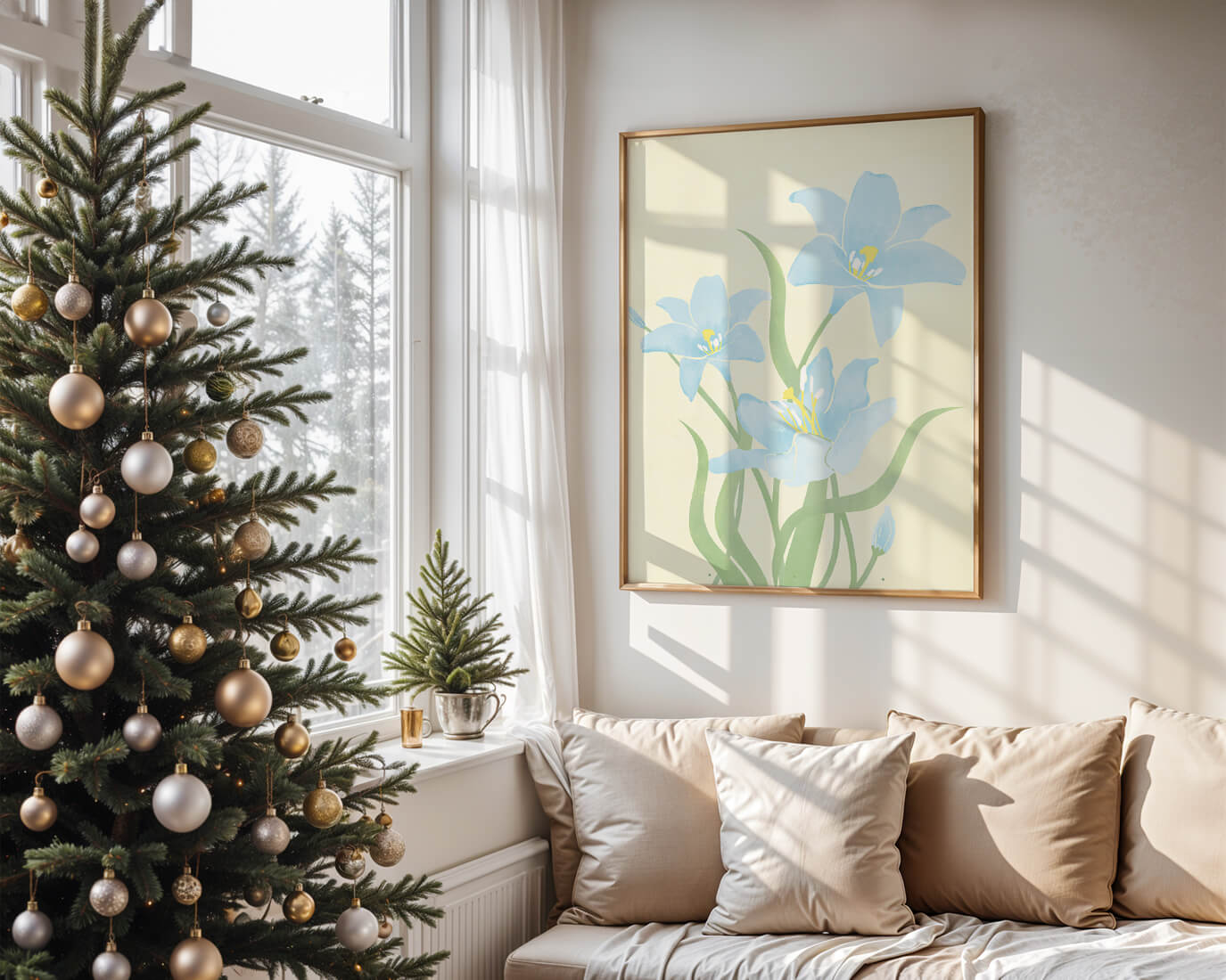 Ilustración elegante de flores azul claro con tallos verdes