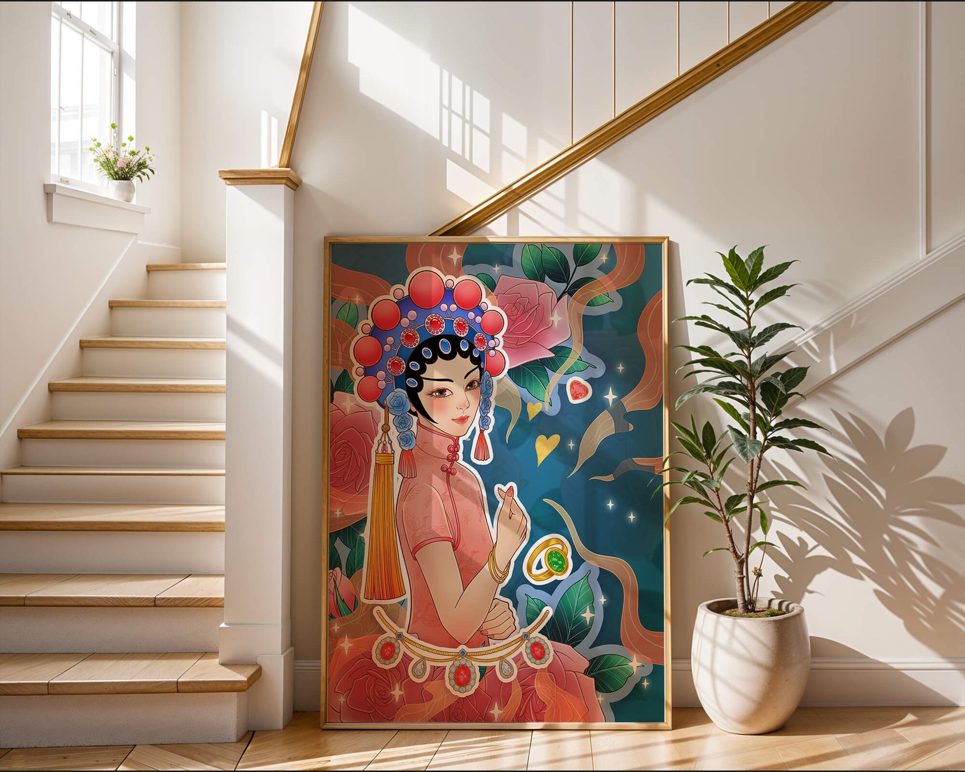 Traditional Asian-inspired illustration with jewelry and floral accents