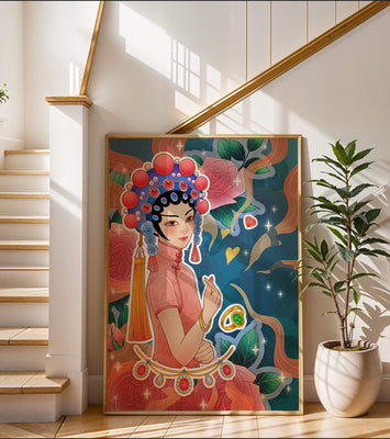 Traditional Asian-inspired illustration with jewelry and floral accents