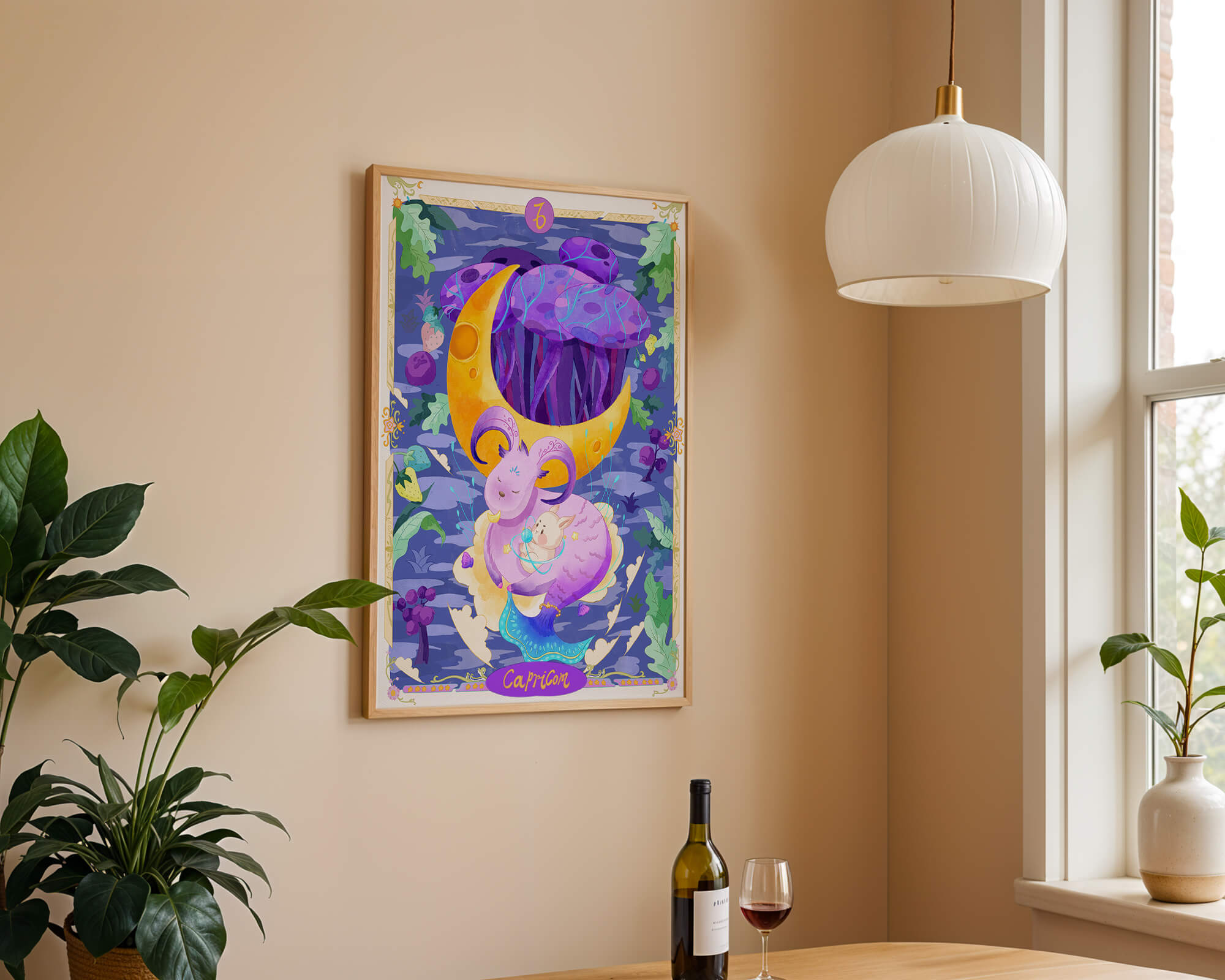 Colorful Capricorn zodiac illustration with fantasy elements
