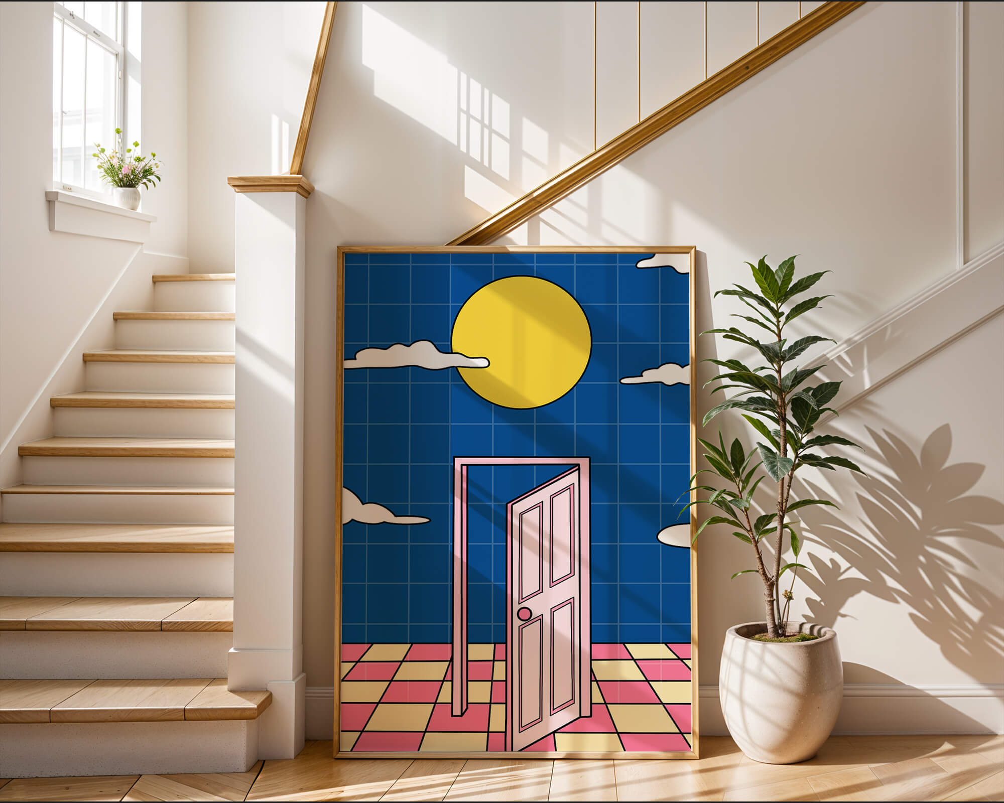 Surreal doorway with pink door under yellow sun and blue sky