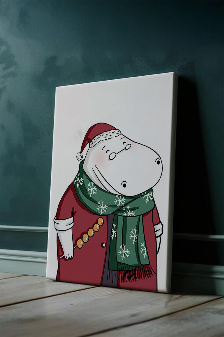 Festive hippo in a red outfit with a green snowflake scarf