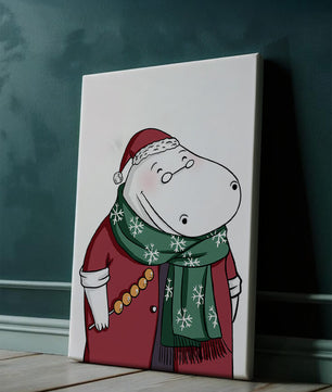 Festive hippo in a red outfit with a green snowflake scarf