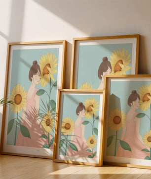 Ilustración de una mujer en un vestido rosa con girasoles