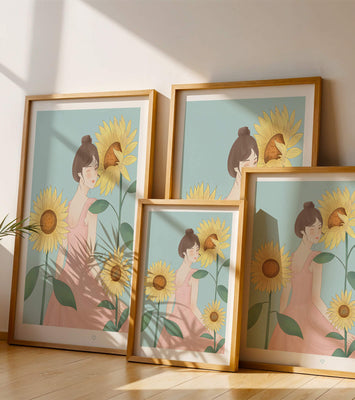 Illustration of a woman in a pink dress with sunflowers