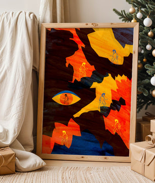 Abstract colorful artwork with eye and silhouettes