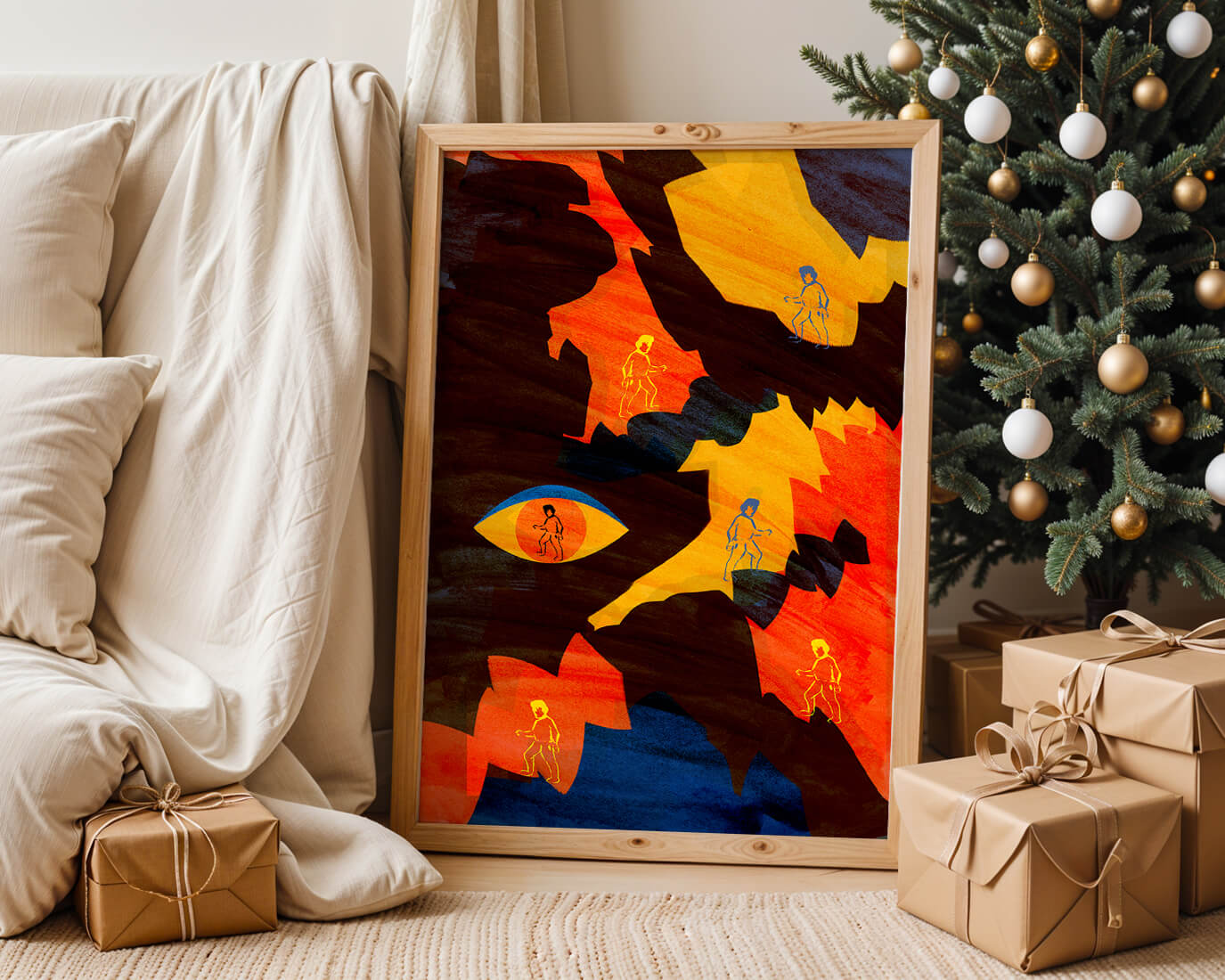 Abstract colorful artwork with eye and silhouettes